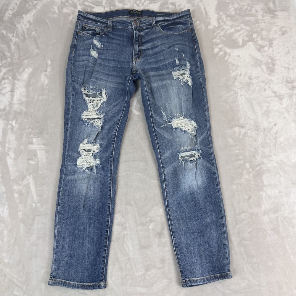 Judy Blue Jeans Womens 13/31 Blue Denim Boyfriend Fit Distressed Mid Rise‎